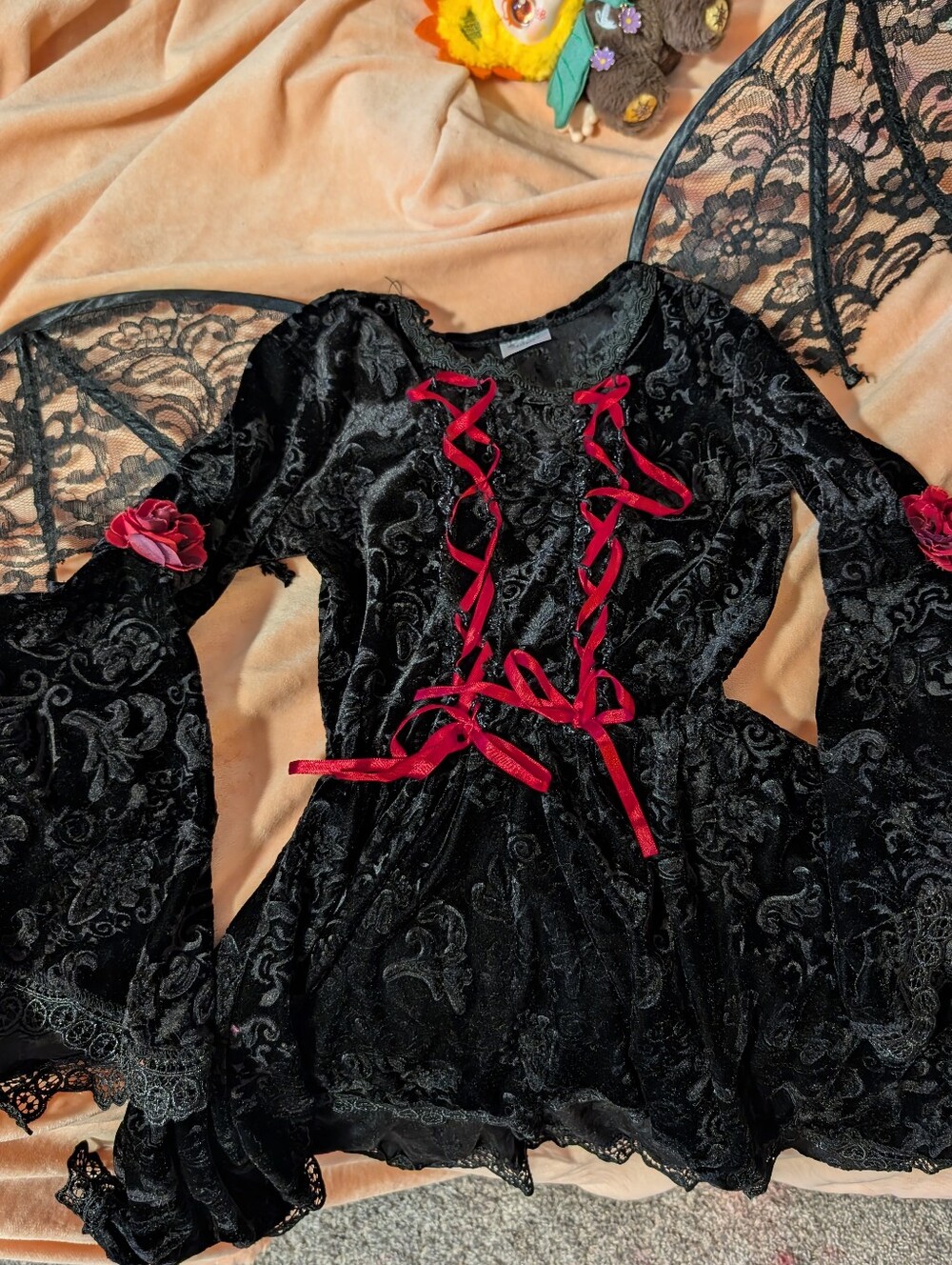 Black Velvet Gothic Kids "Devil" Costume Dress with Red Ribbon Accents